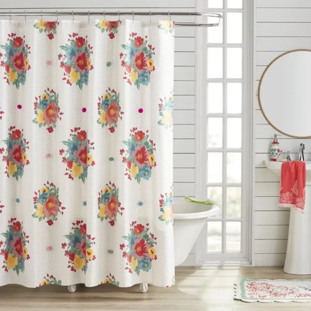 Pioneer Woman Breezy Blossom Floral Applique Fabric Shower Curtain 72